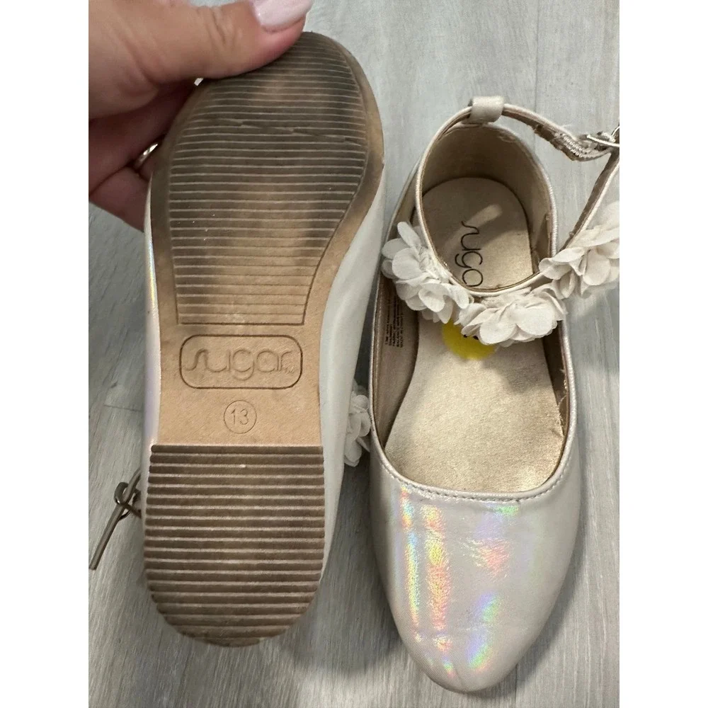 Sugar Girls White Iridescent Flower Ankle Strap Ballet Flats‎ Size 13
